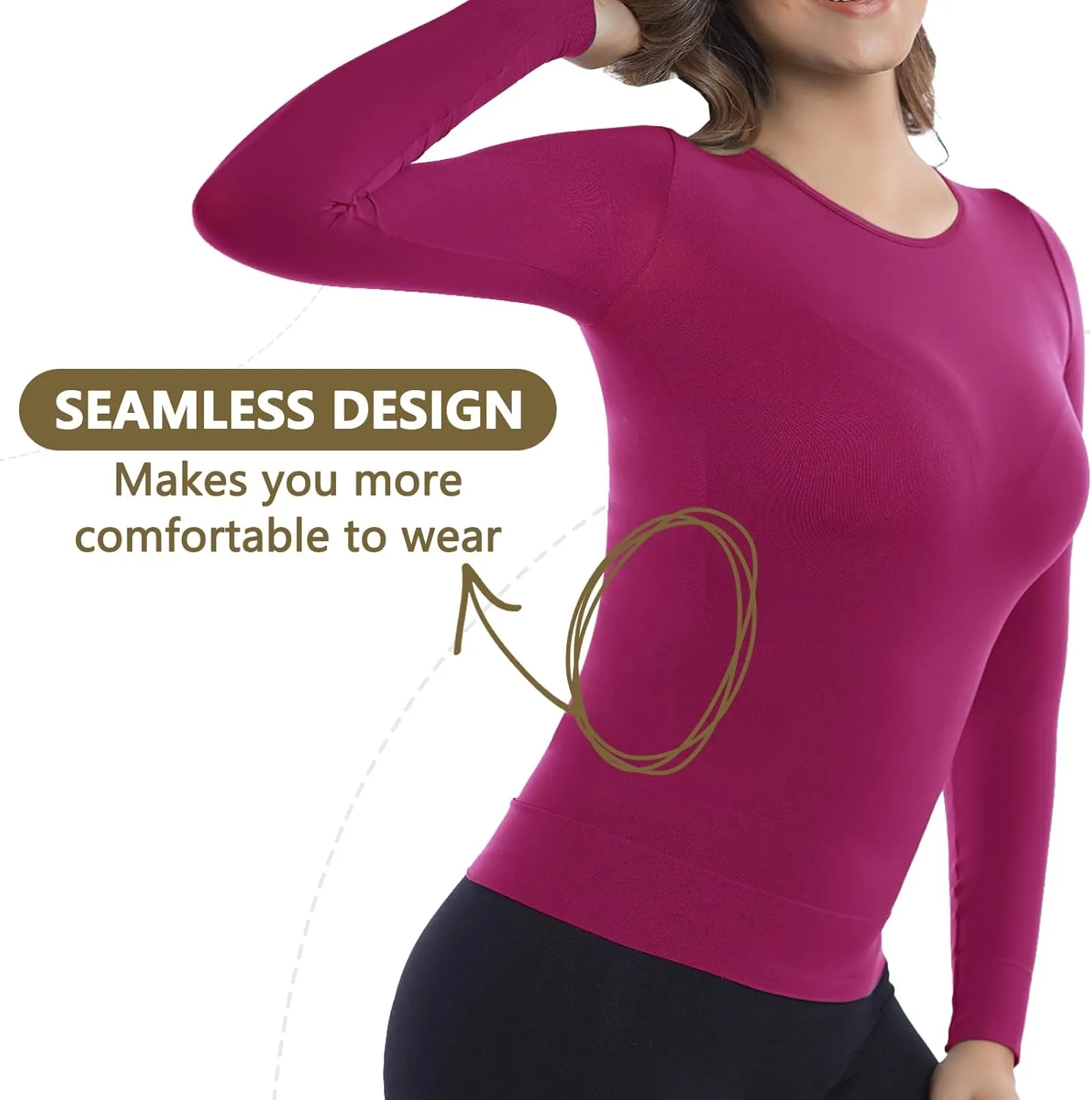  MD Womens Compression Slimming Shirts and Undershirts for Tummy Waist and Bust Long Sleeves Thermal Underwear Round Neck
