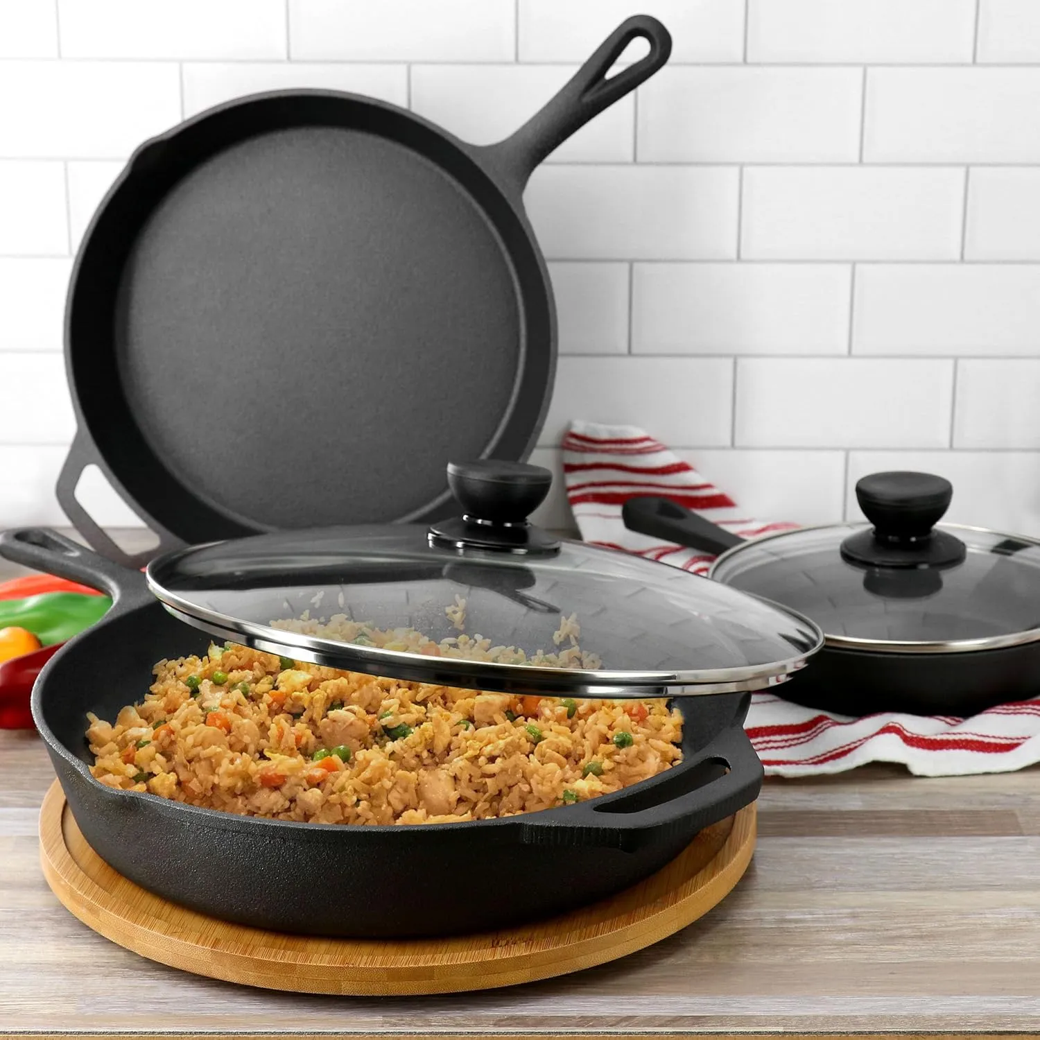 Megachef 13 Piece Pre-Seasoned Cast Iron Skillet Set with Temperd Glass Lids and Silicone Holders