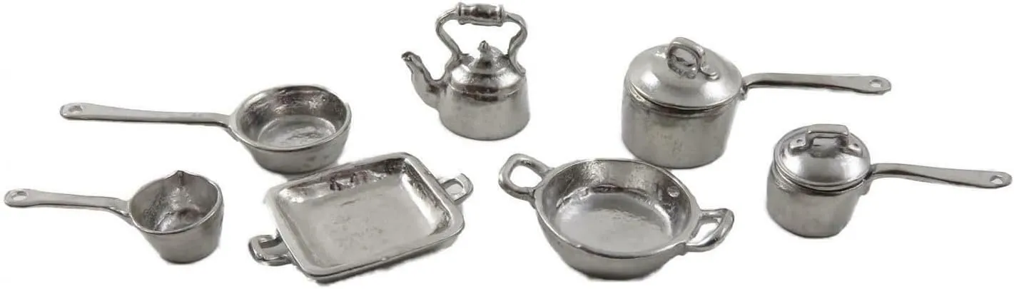 Melody Jane Dolls Houses Dollhouse Pewter Cookware Kitchen Accessory Set 1:24 Half Scale Miniature