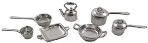 Melody Jane Dolls Houses Dollhouse Pewter Cookware Kitchen Accessory Set 1:24 Half Scale Miniature
