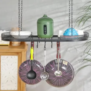 Metal 33 In Pot and Pan Hanging Rack for Kitchen, Ceiling Pot Rack Hanging with 10 Hooks, Space-Saver Mounted Overhead Holder, Black