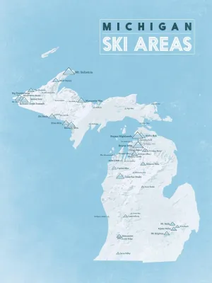 Michigan Ski Resorts Map 18x24 Poster (White & Light Blue)