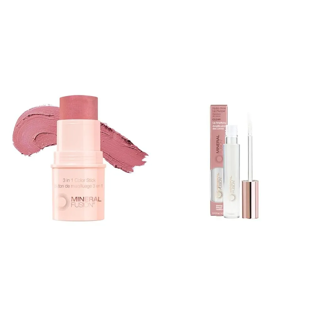 Mineral Fusion 3-in- Color Stick Rosette & Hydro-Shine Lip Gloss Plumper, Clear, 0.15oz Value Bundle