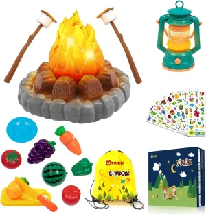 MITCIEN Pretend Camping Toys Play Set, Campfire, Play Food Toy Food for Kids with Oil Lantern, Pretend Fruits Vegetables Cutting, S'Mores, Indoor Outdoor Toys for Toddler