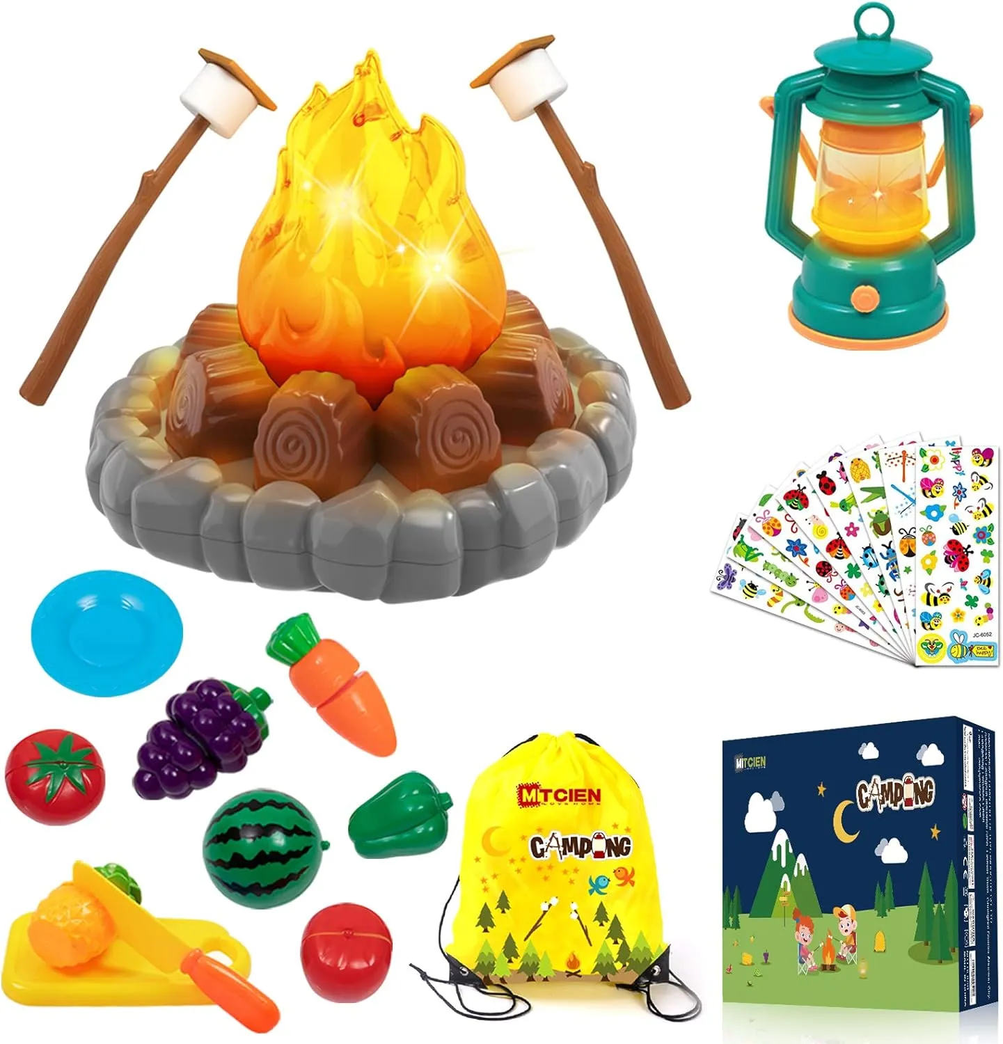 MITCIEN Pretend Camping Toys Play Set, Campfire, Play Food Toy Food for Kids with Oil Lantern, Pretend Fruits Vegetables Cutting, S'Mores, Indoor Outdoor Toys for Toddler