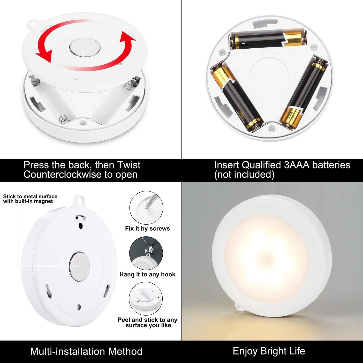 Mlambert 4 Pack Motion Sensor LED Night Light, Cordless Battery-Powered Stick-on Magnet Closet Lights, Safe Lighting for Stairs, Cabinet, Warm White