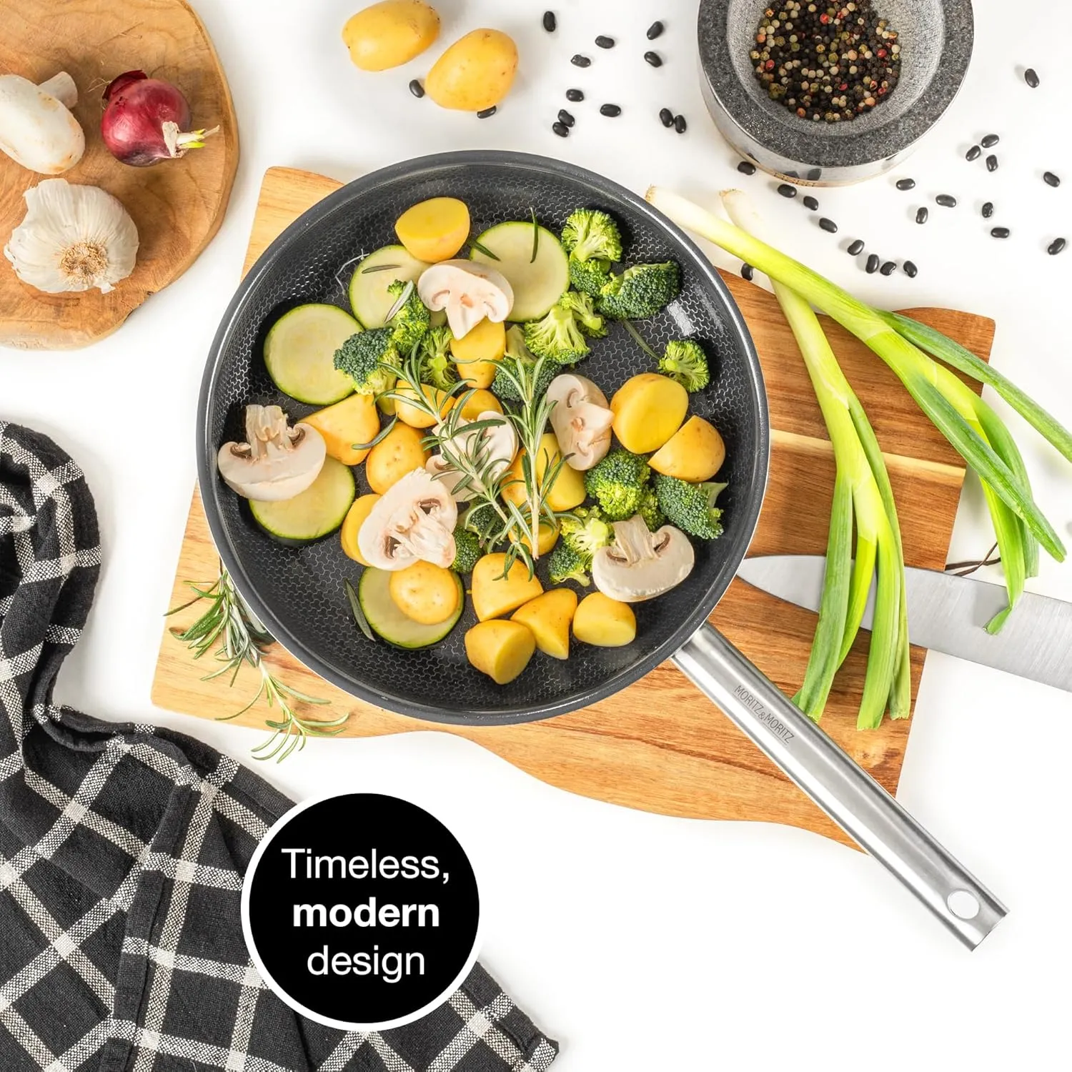 Moritz & Moritz 11-Inch Induction Frying Pan, Stainless Steel Nonstick Skillet with Ceramic Honeycomb Coating, Compatible with Gas, Electric & Induction Cooktops, Dishwasher Safe