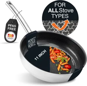 Moritz & Moritz 11-Inch Induction Frying Pan, Stainless Steel Nonstick Skillet with Ceramic Honeycomb Coating, Compatible with Gas, Electric & Induction Cooktops, Dishwasher Safe