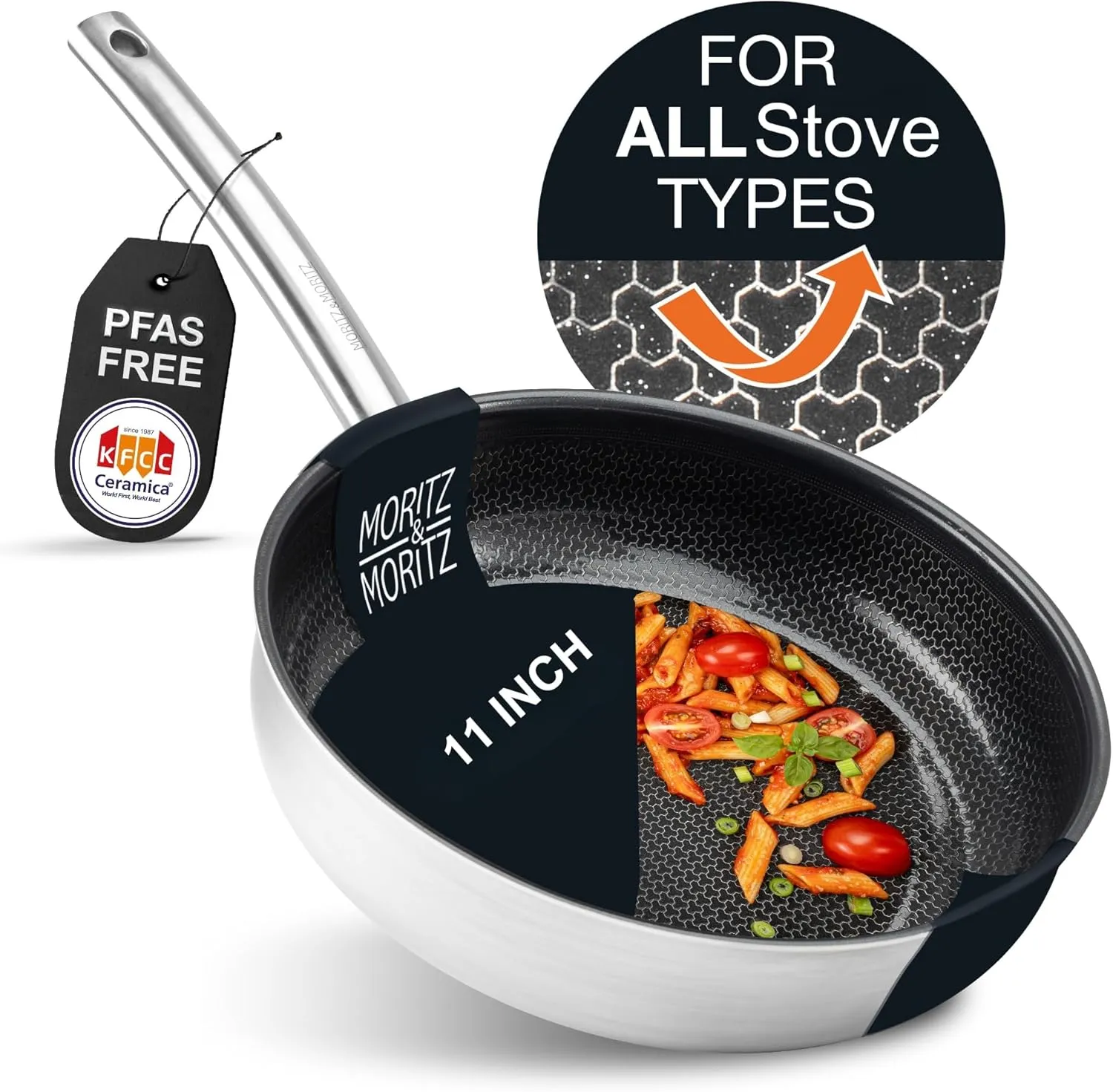 Moritz & Moritz 11-Inch Induction Frying Pan, Stainless Steel Nonstick Skillet with Ceramic Honeycomb Coating, Compatible with Gas, Electric & Induction Cooktops, Dishwasher Safe