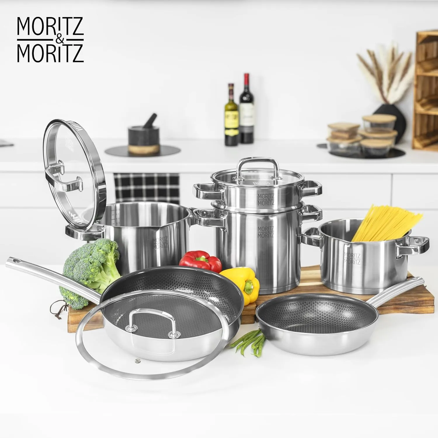 Moritz & Moritz 11-Inch Induction Frying Pan, Stainless Steel Nonstick Skillet with Ceramic Honeycomb Coating, Compatible with Gas, Electric & Induction Cooktops, Dishwasher Safe