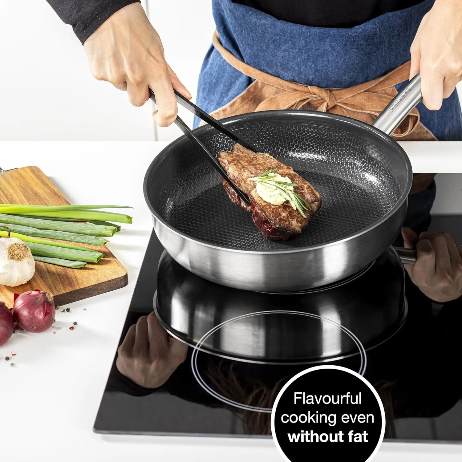 Moritz & Moritz 11-Inch Induction Frying Pan, Stainless Steel Nonstick Skillet with Ceramic Honeycomb Coating, Compatible with Gas, Electric & Induction Cooktops, Dishwasher Safe