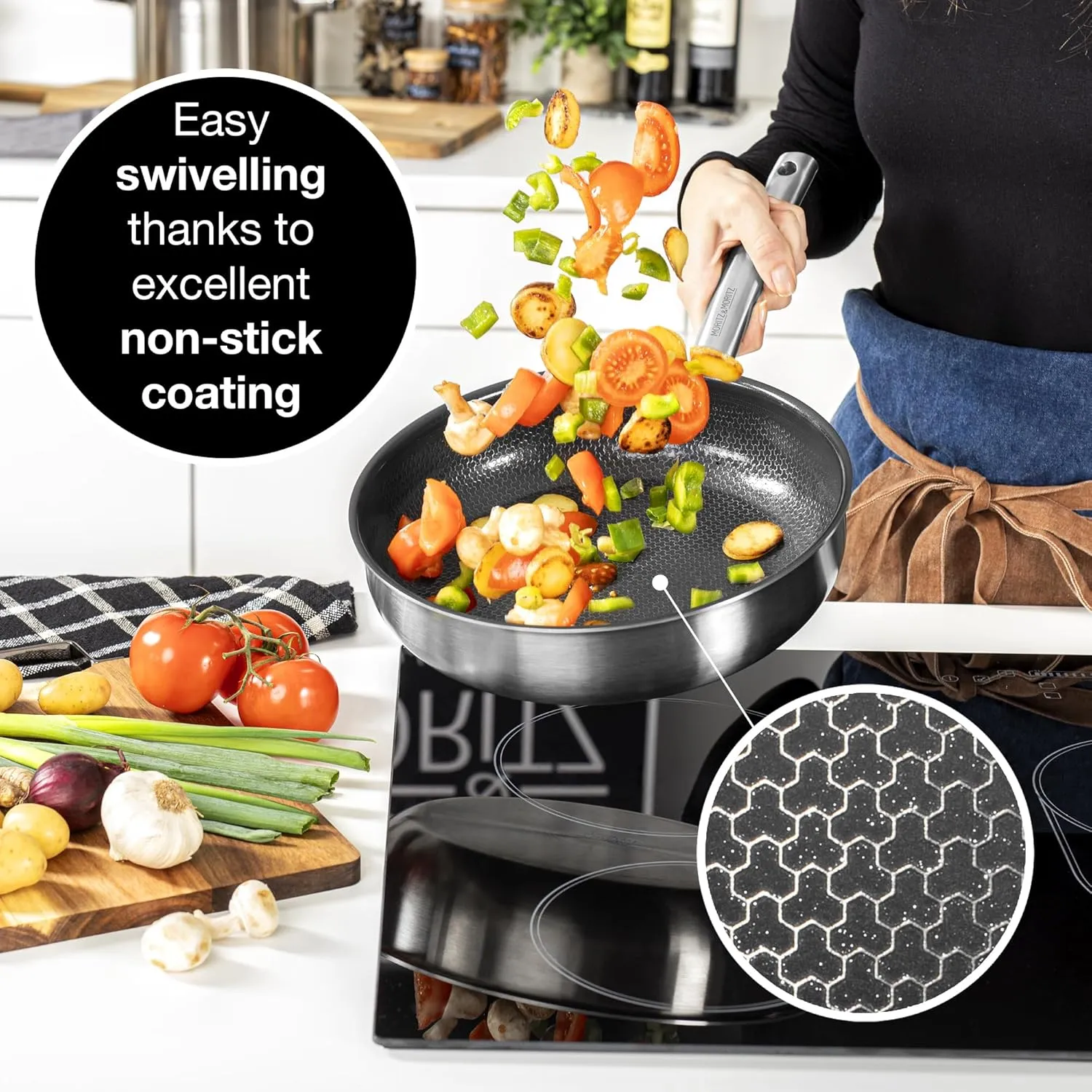 Moritz & Moritz 11-Inch Induction Frying Pan, Stainless Steel Nonstick Skillet with Ceramic Honeycomb Coating, Compatible with Gas, Electric & Induction Cooktops, Dishwasher Safe