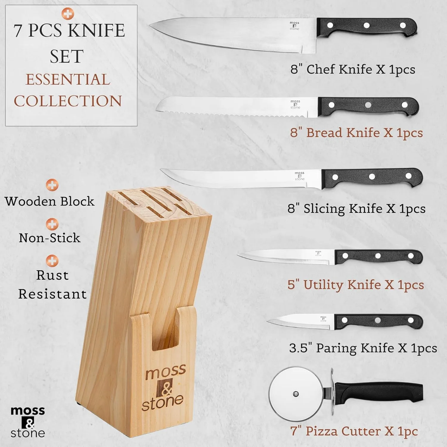 Moss & Stone Stainless Steel Serrated Small Knife Set, Kitchen knives Set With High-Carbon Stainless Steel Blades & Wood Block Set, Cutlery Knife Set Small, Basics 7 Piece Kitchen Knifes