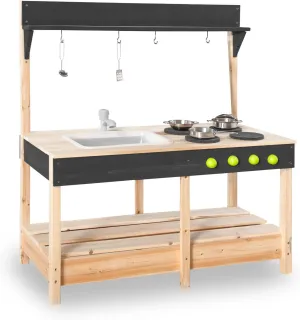Mud Kitchen Playset for, Outdoor Wooden Toy Play Kitchen Set for Boys and Girls, Kitchen Accessories and Garden Sink with Faucet, Blackboard, Cookware Pot (Black1)