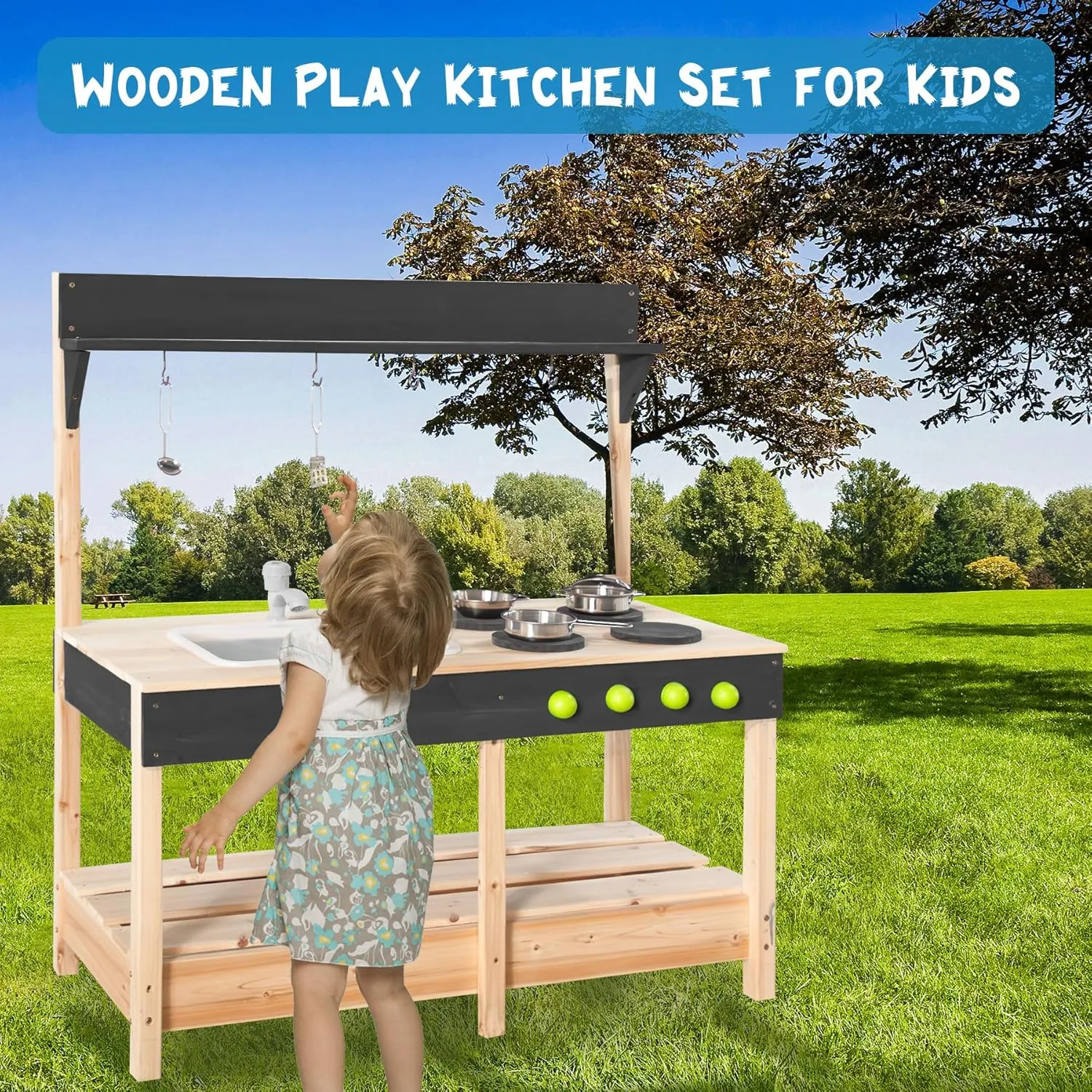 Mud Kitchen Playset for, Outdoor Wooden Toy Play Kitchen Set for Boys and Girls, Kitchen Accessories and Garden Sink with Faucet, Blackboard, Cookware Pot (Black1)