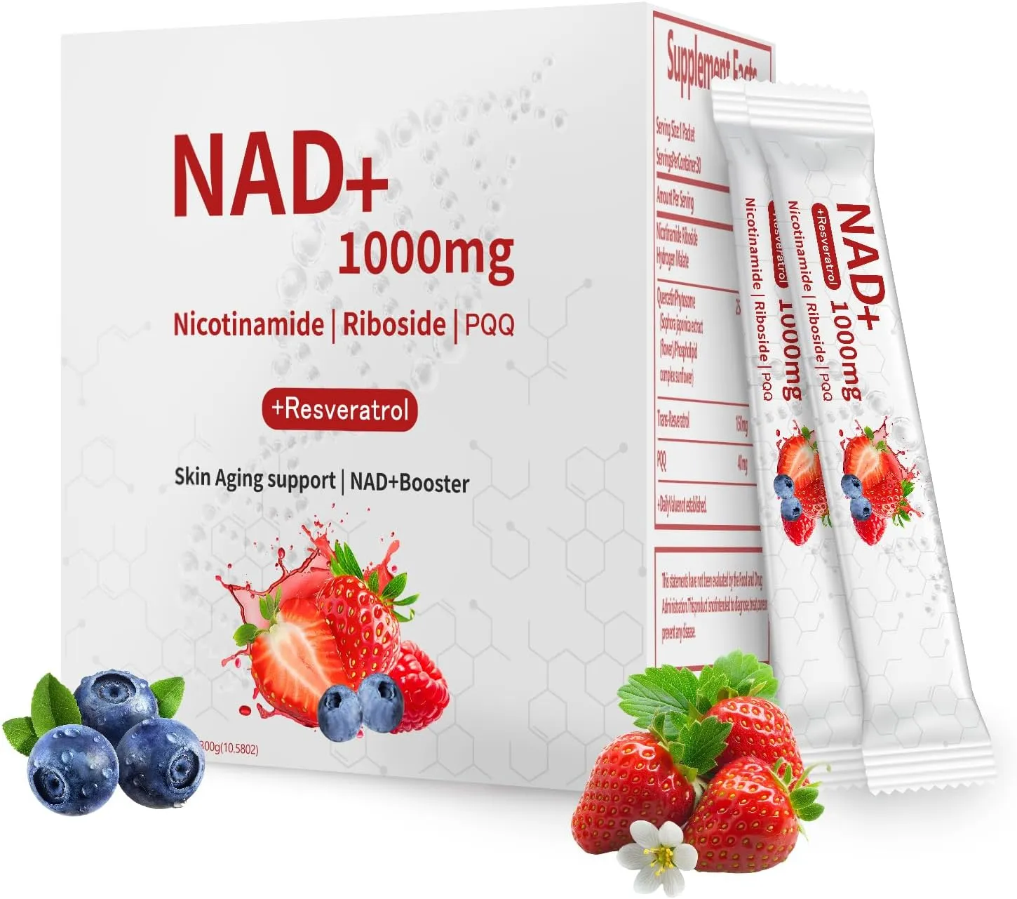 NAD 1000mg Liquid – 30 Packets – NAD  Drink Mix with Nicotinamide Riboside, PQQ & Resveratrol – Berry Flavor, Boosts Energy, Focus & Anti-Aging