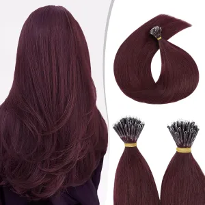 Nano Ring Human Hair Extensions Pre Bonded Keratin Fusion Stick Tip Iron Loop Link 50 strands 50g Straight Micro Bead Remy Hairpiece for Women Highlighted 16inch Wine Red #99J