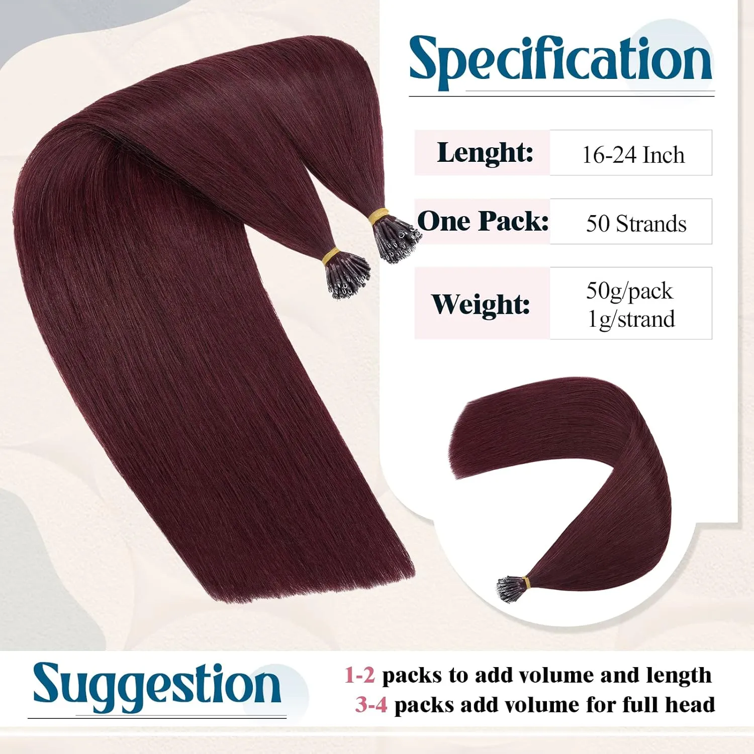 Nano Ring Human Hair Extensions Pre Bonded Keratin Fusion Stick Tip Iron Loop Link 50 strands 50g Straight Micro Bead Remy Hairpiece for Women Highlighted 16inch Wine Red #99J