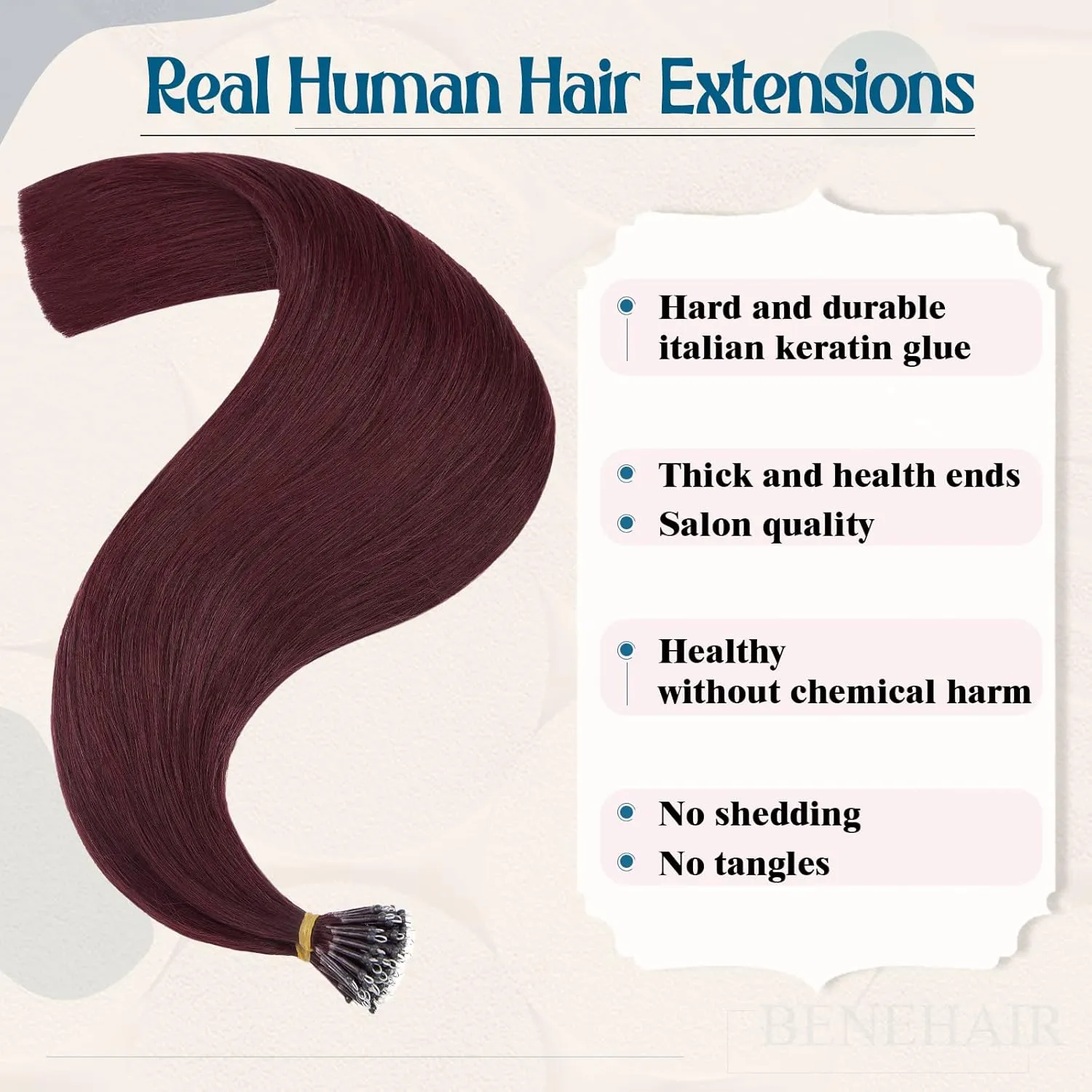 Nano Ring Human Hair Extensions Pre Bonded Keratin Fusion Stick Tip Iron Loop Link 50 strands 50g Straight Micro Bead Remy Hairpiece for Women Highlighted 16inch Wine Red #99J