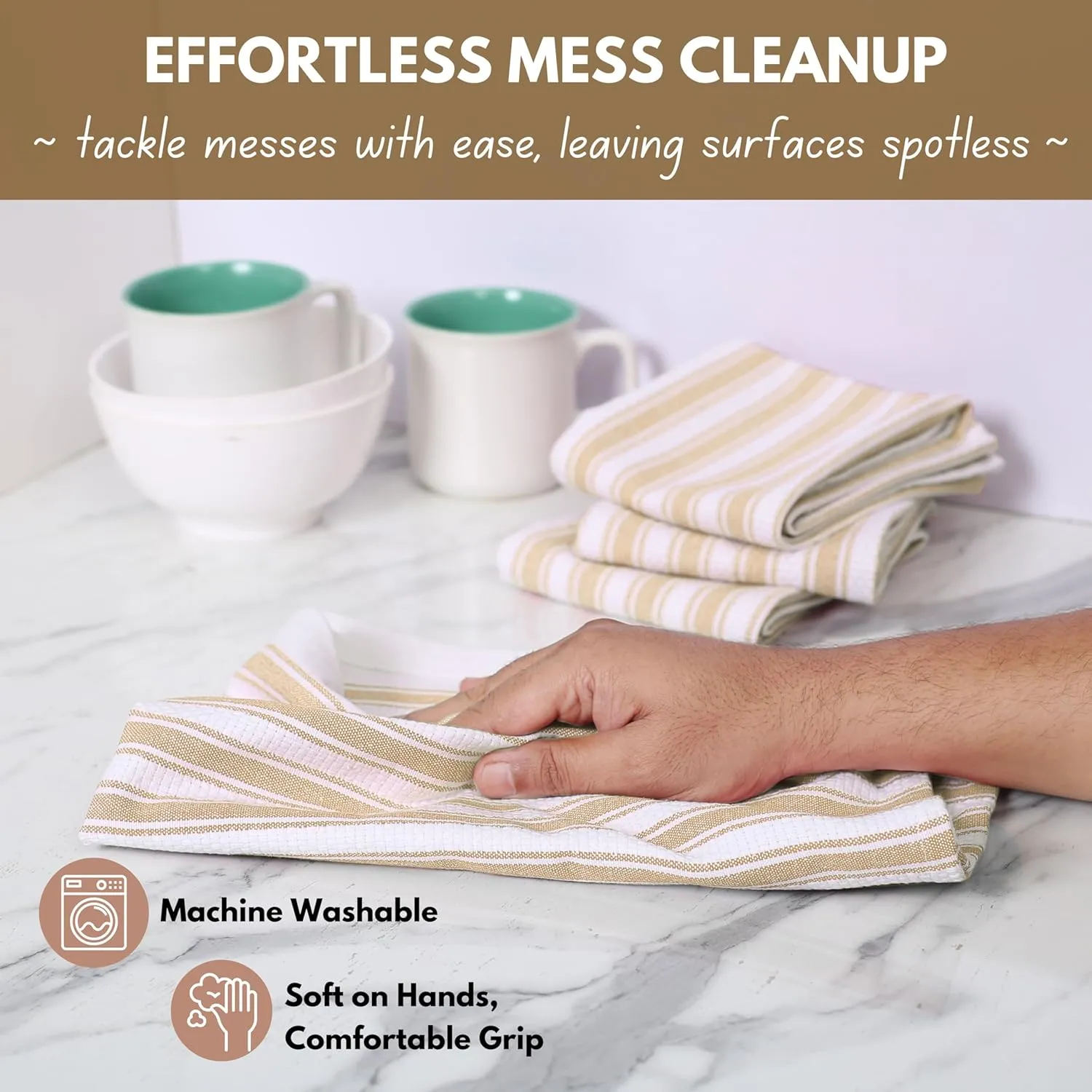 Native Fab 100% Cotton Beige Kitchen Towels - 16x26 inches - Set of 12 - Basket Weave Stripe Dish Towels for Cleaning, Drying Dishes, Absorbent Dish Cloths Set with Hanging Loop - Beige White