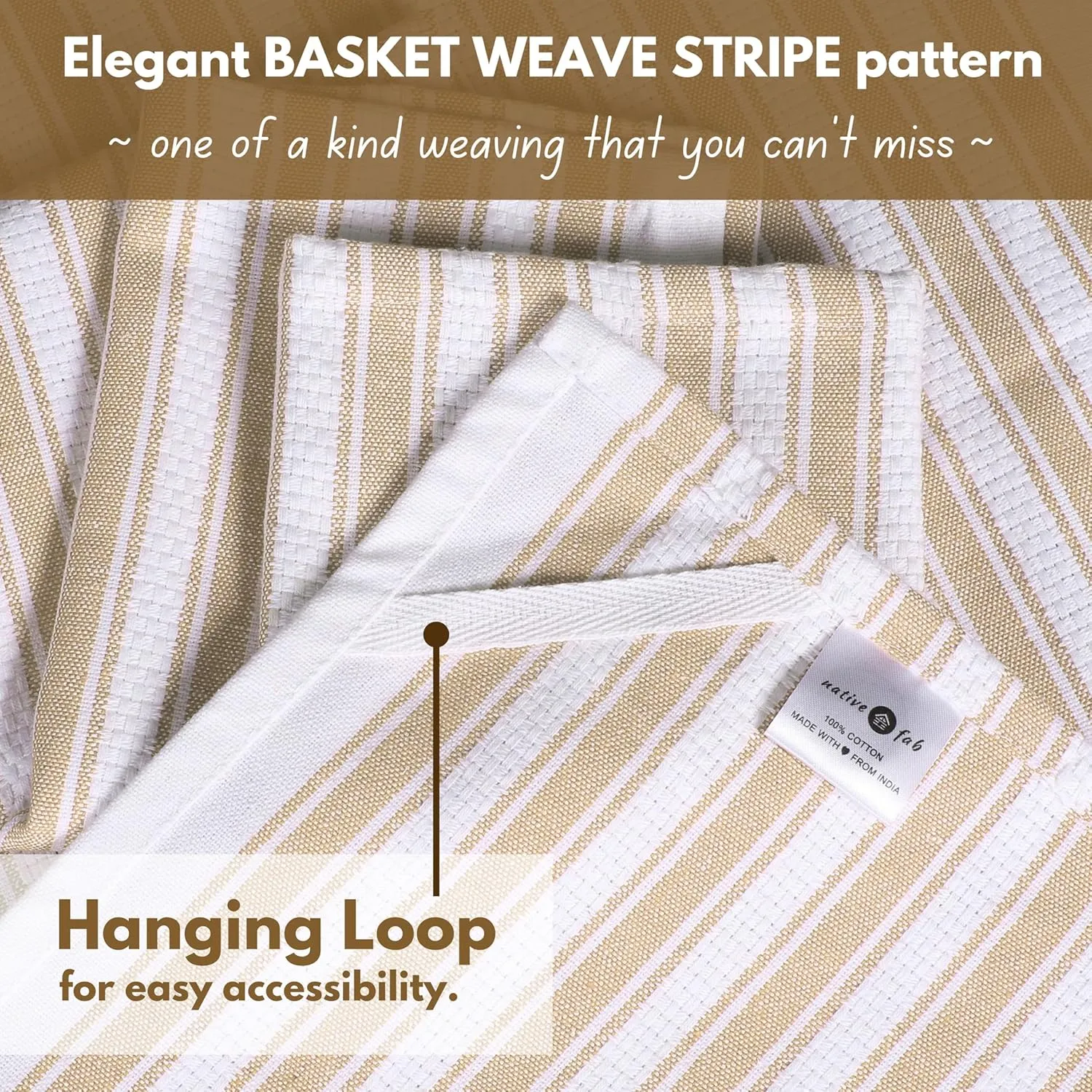Native Fab 100% Cotton Beige Kitchen Towels - 16x26 inches - Set of 12 - Basket Weave Stripe Dish Towels for Cleaning, Drying Dishes, Absorbent Dish Cloths Set with Hanging Loop - Beige White