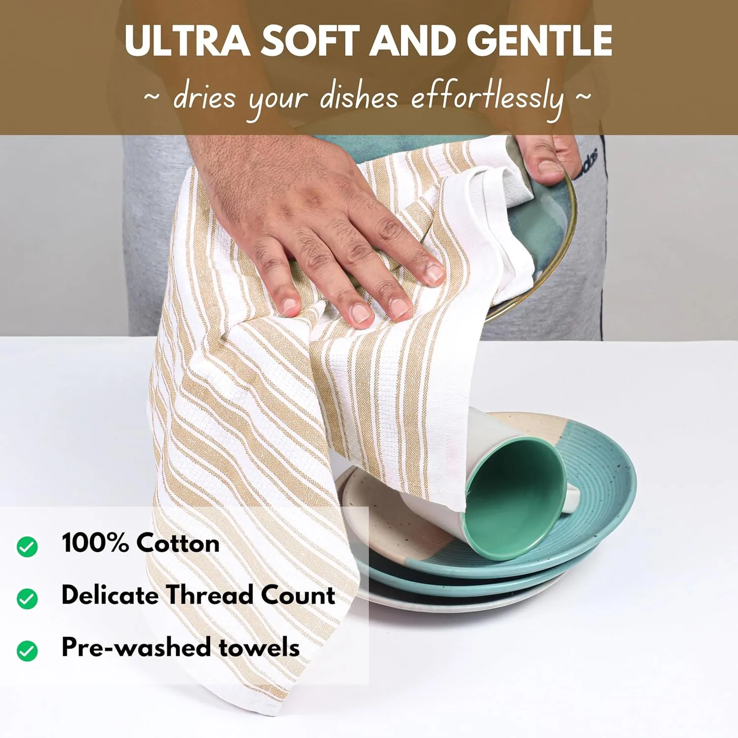 Native Fab 100% Cotton Beige Kitchen Towels - 16x26 inches - Set of 12 - Basket Weave Stripe Dish Towels for Cleaning, Drying Dishes, Absorbent Dish Cloths Set with Hanging Loop - Beige White