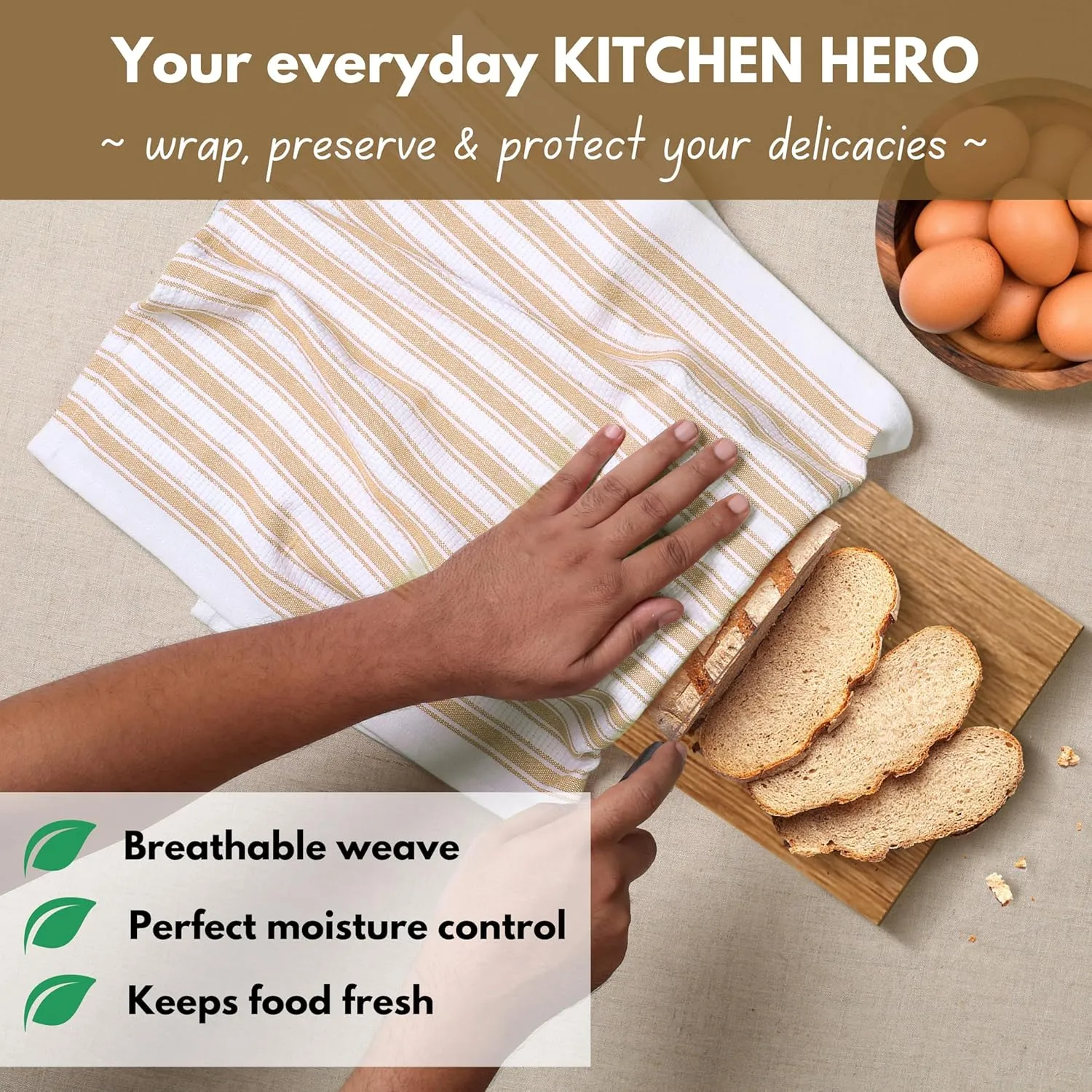 Native Fab 100% Cotton Beige Kitchen Towels - 16x26 inches - Set of 12 - Basket Weave Stripe Dish Towels for Cleaning, Drying Dishes, Absorbent Dish Cloths Set with Hanging Loop - Beige White