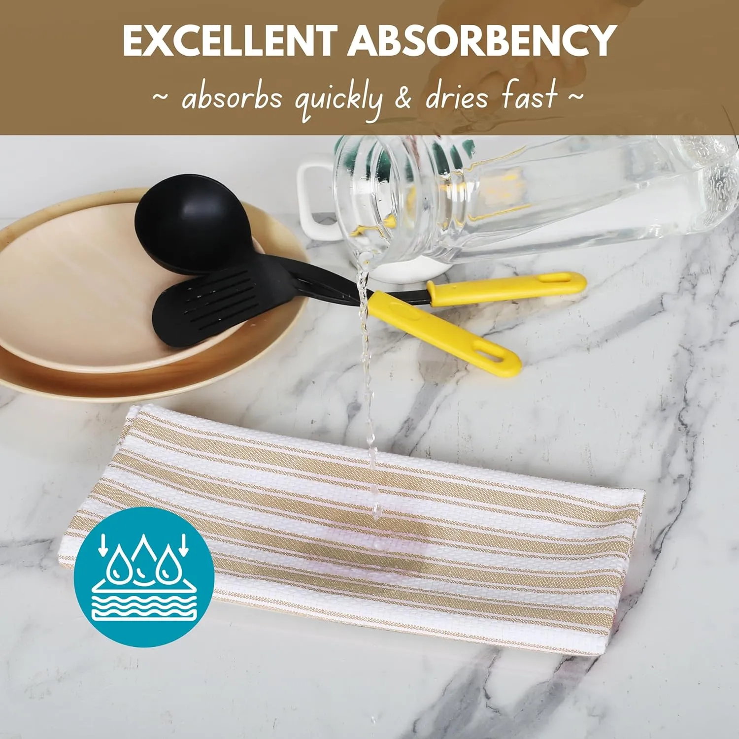 Native Fab 100% Cotton Beige Kitchen Towels - 16x26 inches - Set of 12 - Basket Weave Stripe Dish Towels for Cleaning, Drying Dishes, Absorbent Dish Cloths Set with Hanging Loop - Beige White