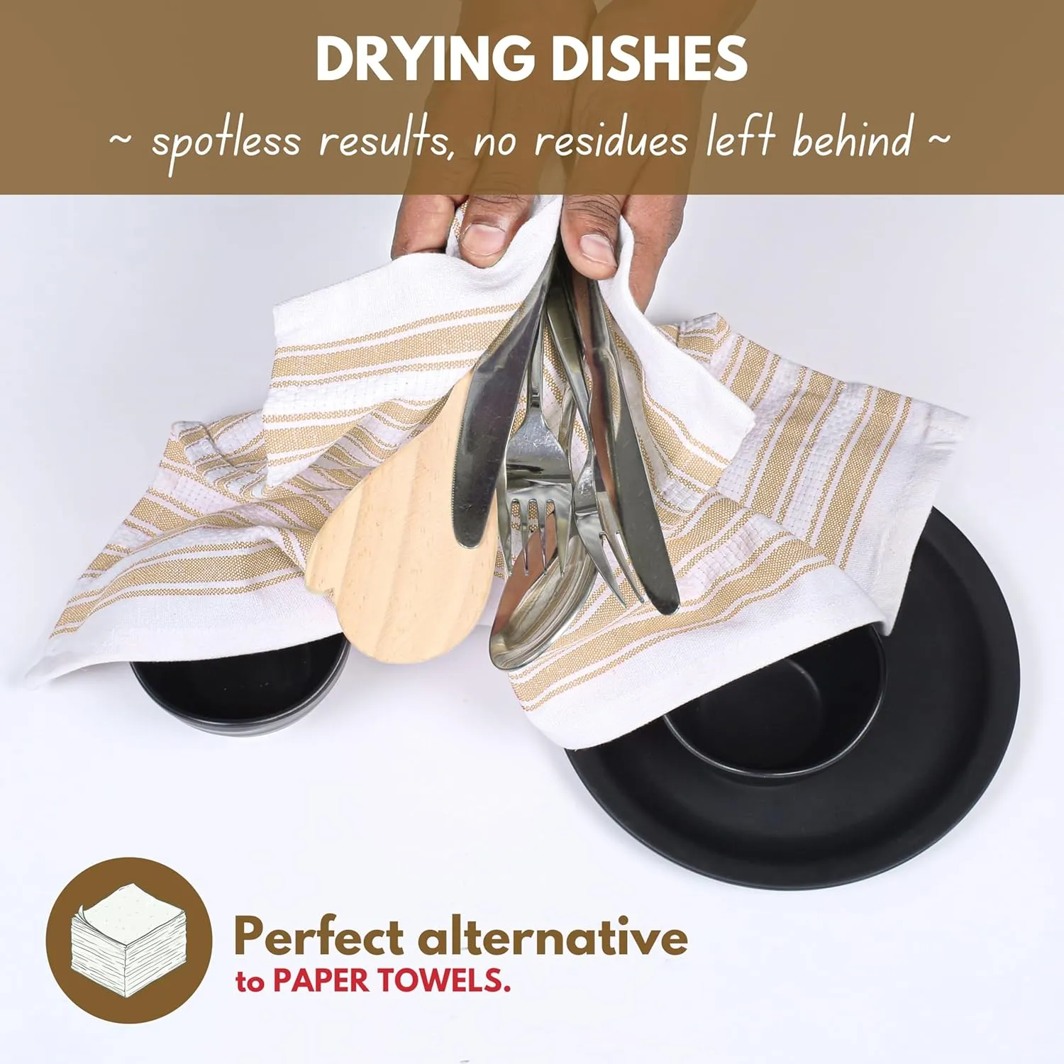 Native Fab 100% Cotton Beige Kitchen Towels - 16x26 inches - Set of 12 - Basket Weave Stripe Dish Towels for Cleaning, Drying Dishes, Absorbent Dish Cloths Set with Hanging Loop - Beige White