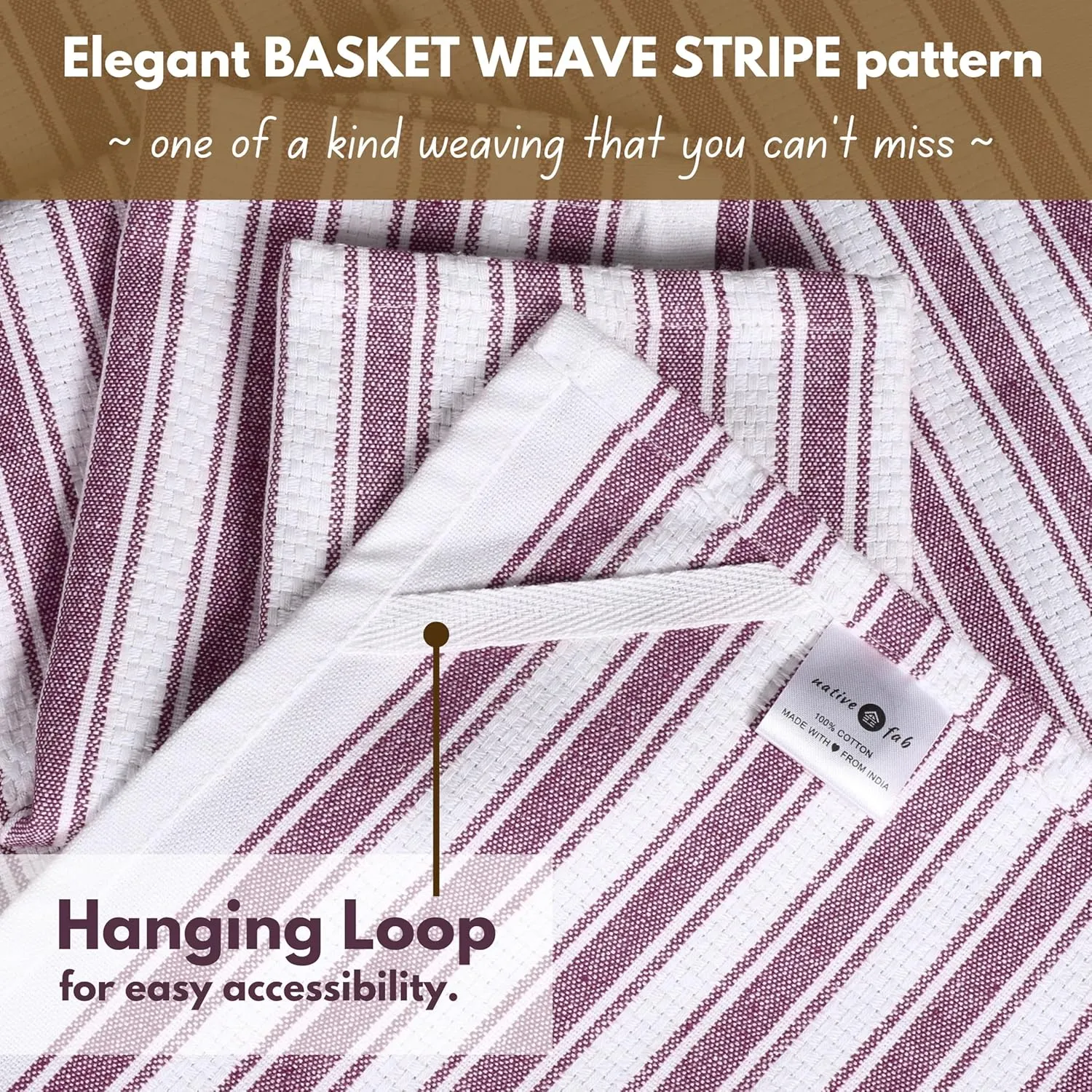 Native Fab Kitchen Dish Towels 16x26 inches - Set of 12 - Basket Weave 100% Cotton Striped Tea Towels, Wash Cloths for Drying Dishes, Absorbent Hand Towels with Hanging Loop - Burgundy