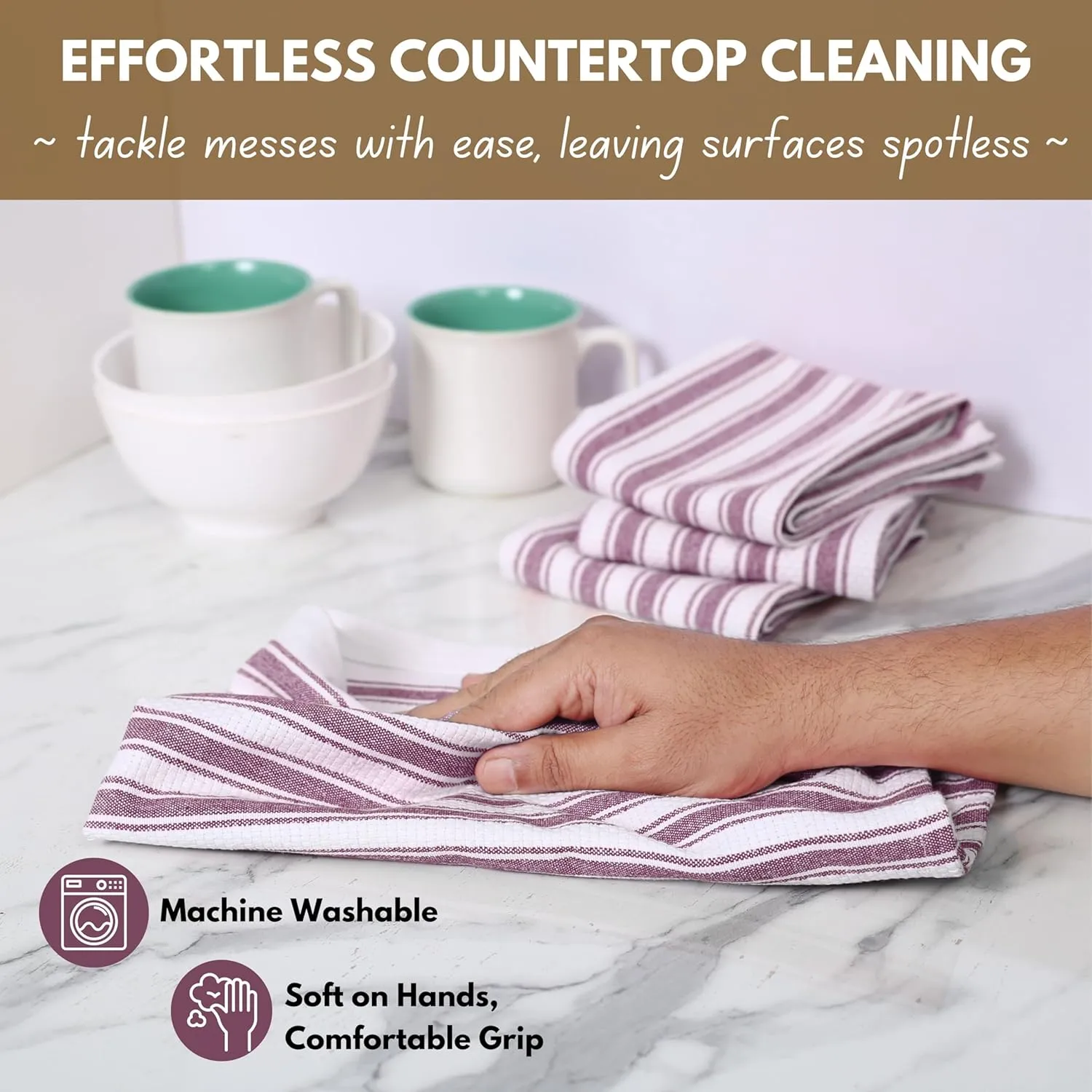 Native Fab Kitchen Dish Towels 16x26 inches - Set of 12 - Basket Weave 100% Cotton Striped Tea Towels, Wash Cloths for Drying Dishes, Absorbent Hand Towels with Hanging Loop - Burgundy