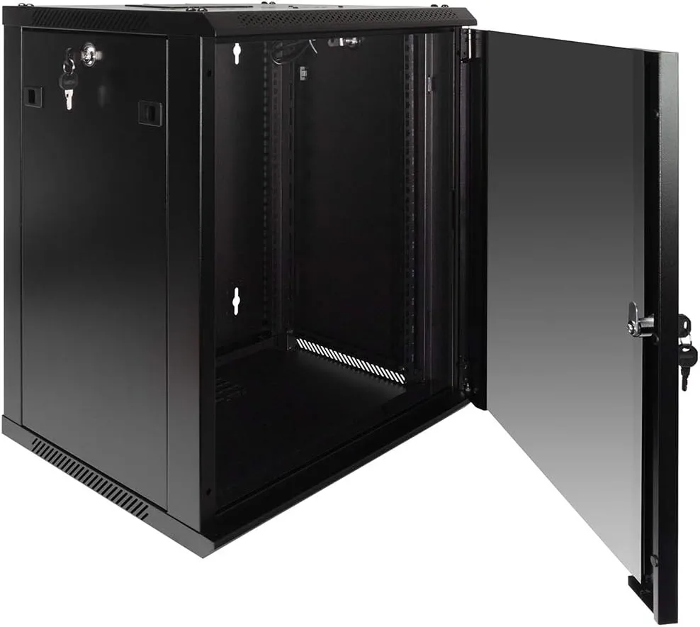 NavePoint 12U Server Rack Enclosure with Glass Door, Cooling Fan, Locks, & Removable Side Panels - 12U Wall Mount Network Cabinet 19 Inch Rack 17.7" Deep (450mm)