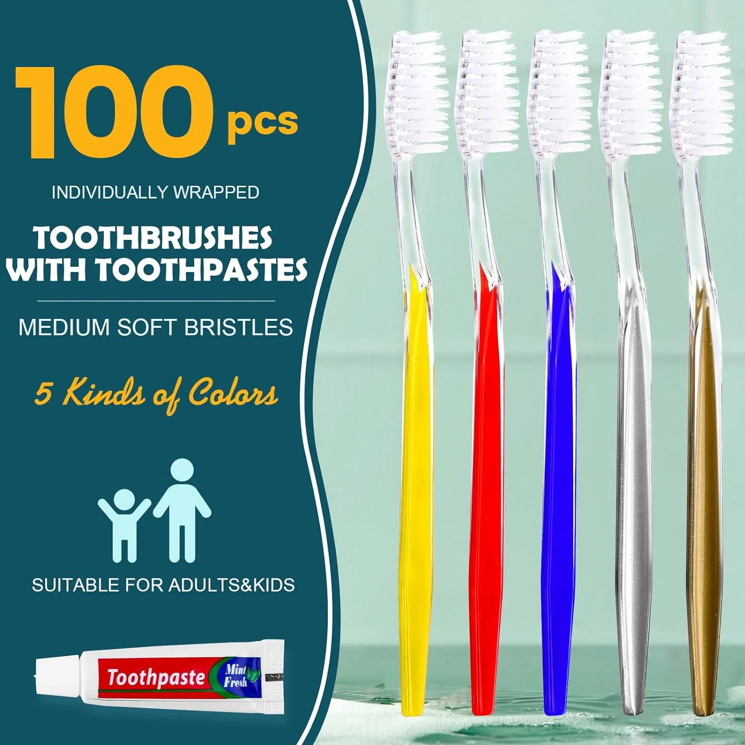 Navona 100 PCS Disposable Toothbrush with Toothpaste Bulk, Travel Toothpaste, Bulk Toothpastes, Individually Wrapped Bulk Toothbrush, Ergonomics Handle,Medium Soft Bristle, Perfect for Travel, Hotel