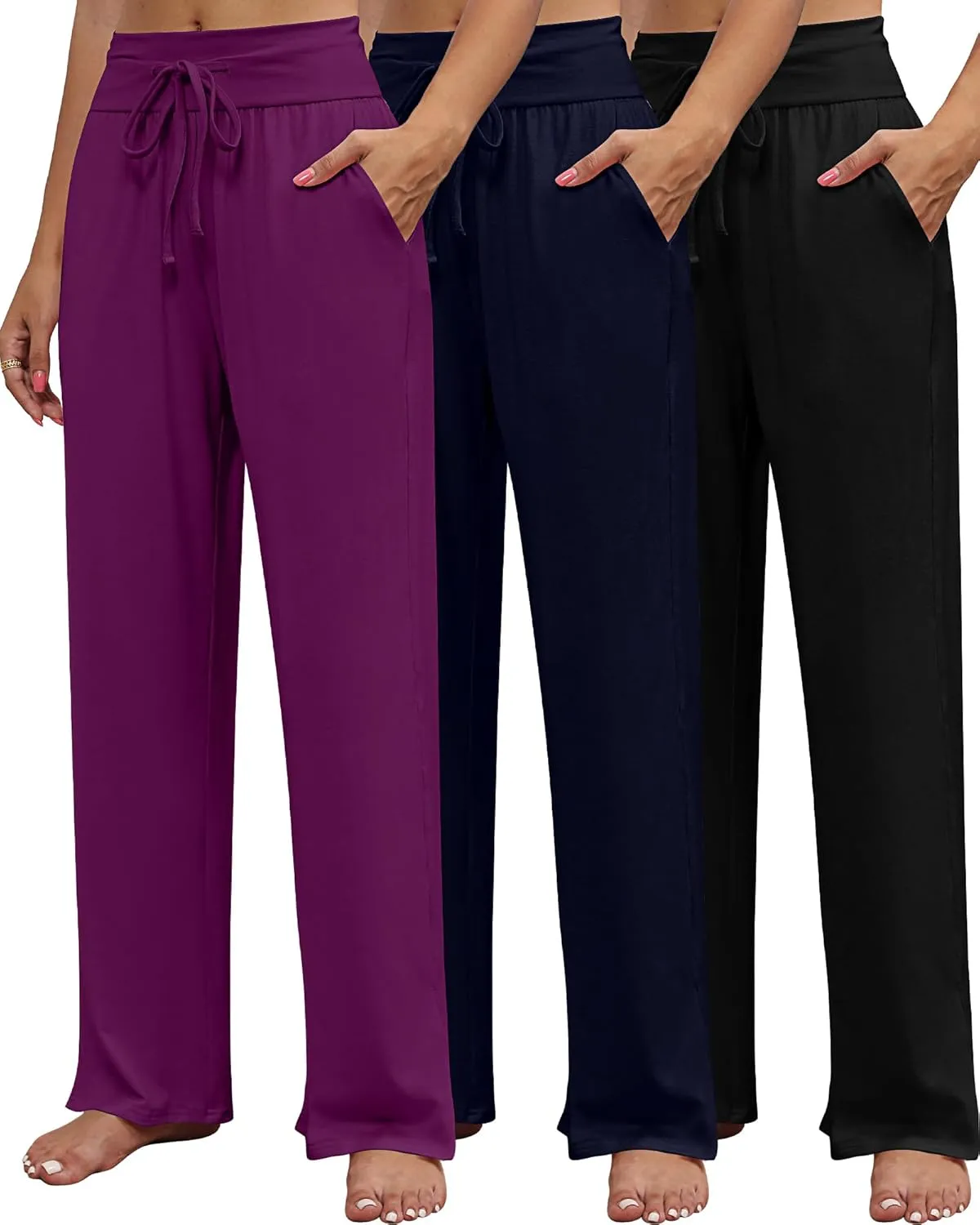 Neer 3 Pack Women's Lounge Pants Wide Leg Yoga Sweatpants with Pockets High Waisted Drawstring Lounge Loose Workout Jogger