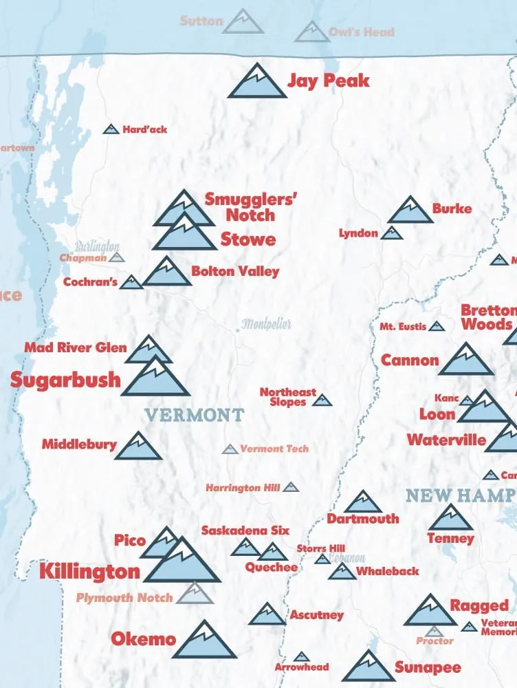 New England Ski Resorts Map 18x24 Poster (White & Light Blue)