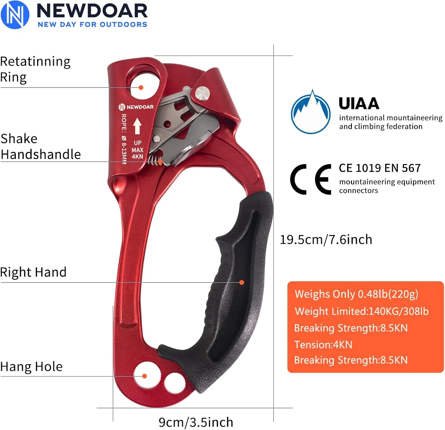 NewDoar UIAA & CE Certified Hand Ascender Rock Climbing Tree Arborist Rappelling Gear Equipment Rope Clamp for 8~13MM Rope