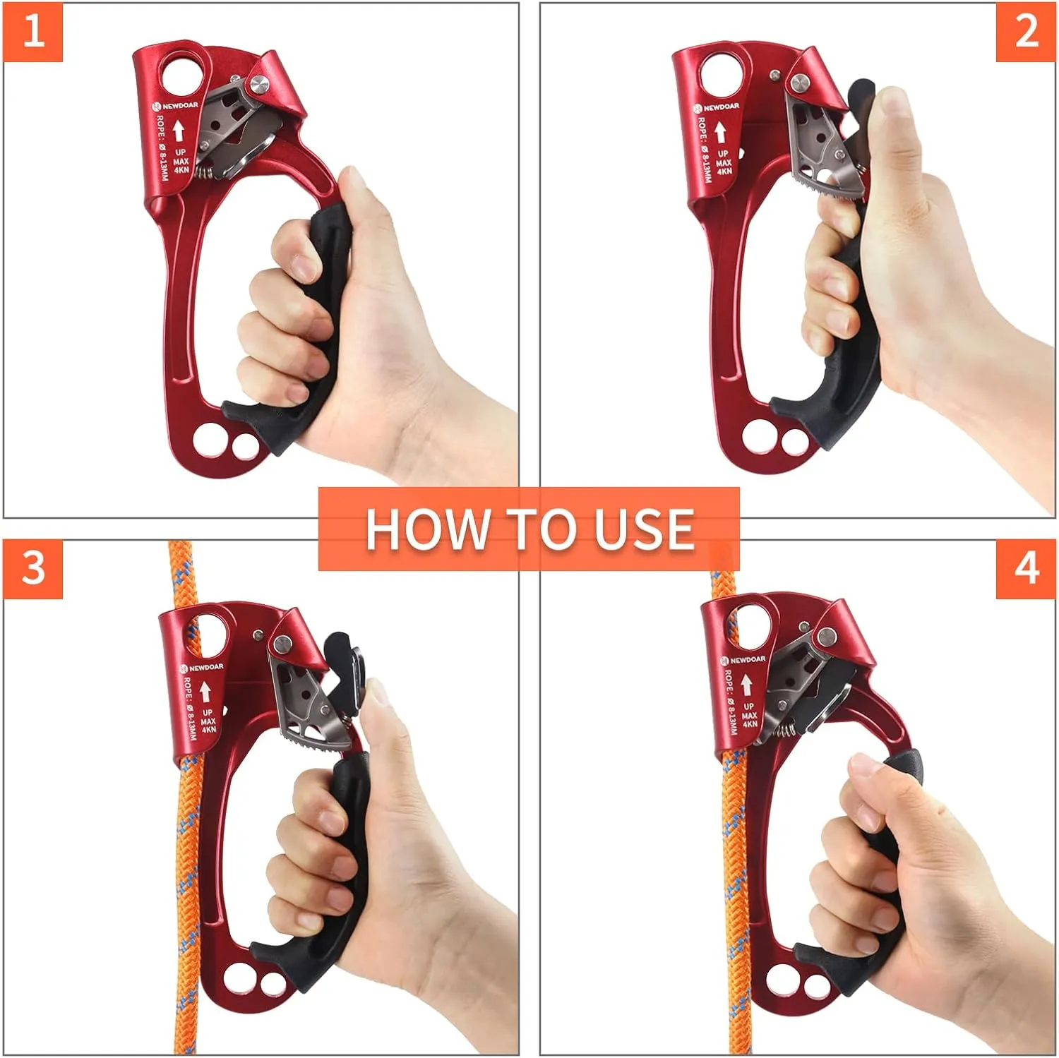NewDoar UIAA & CE Certified Hand Ascender Rock Climbing Tree Arborist Rappelling Gear Equipment Rope Clamp for 8~13MM Rope