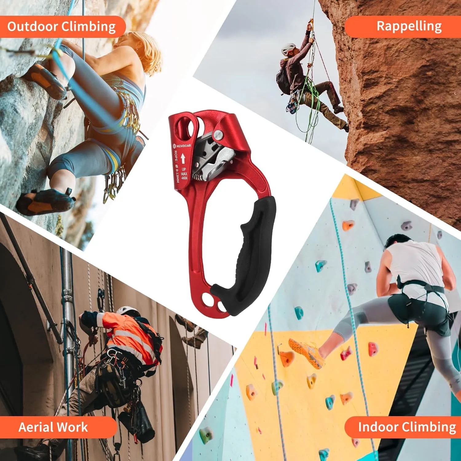NewDoar UIAA & CE Certified Hand Ascender Rock Climbing Tree Arborist Rappelling Gear Equipment Rope Clamp for 8~13MM Rope