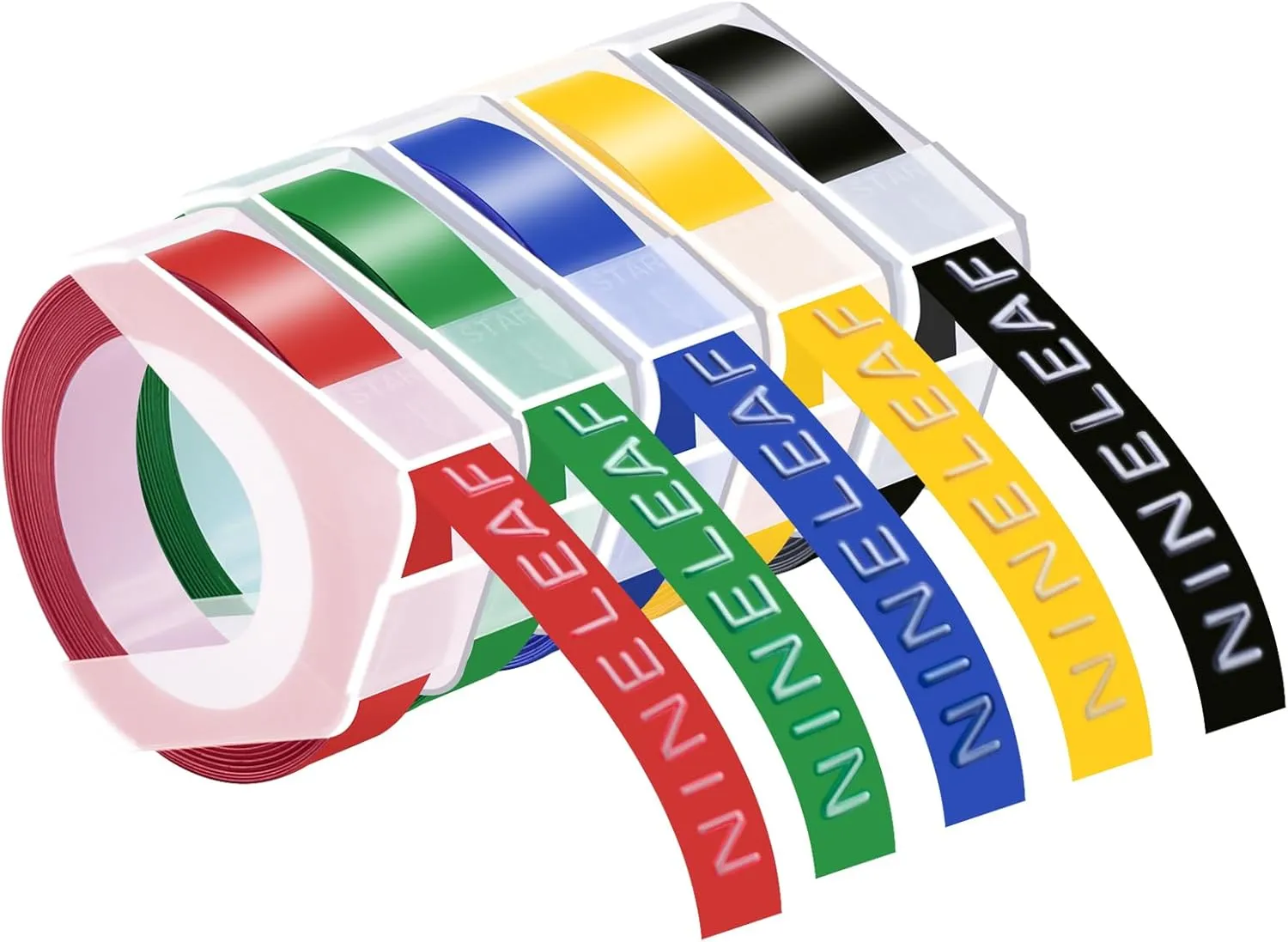 NineLeaf 5 Pack Replacement Embossing Label Tape Compatible for DYMO Embossing Xpress MoTEX Label Maker, 3D 12mm Plastic Labels Self-Adhesive White on Red/Green/Blue/Yellow/Black 1/2 Inch x 9.8 Feet
