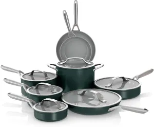 Ninja NeverStick Ceramic Pro 14-Piece Cookware Set, Non-Stick Pots & Pans Set with Glass Lids, Ceramic, Stainless Steel, Stove to Oven Safe, All Stovetops & Induction Compatible, Green, CW39014GN