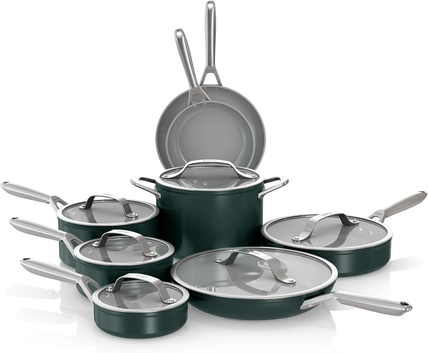 Ninja NeverStick Ceramic Pro 14-Piece Cookware Set, Non-Stick Pots & Pans Set with Glass Lids, Ceramic, Stainless Steel, Stove to Oven Safe, All Stovetops & Induction Compatible, Green, CW39014GN