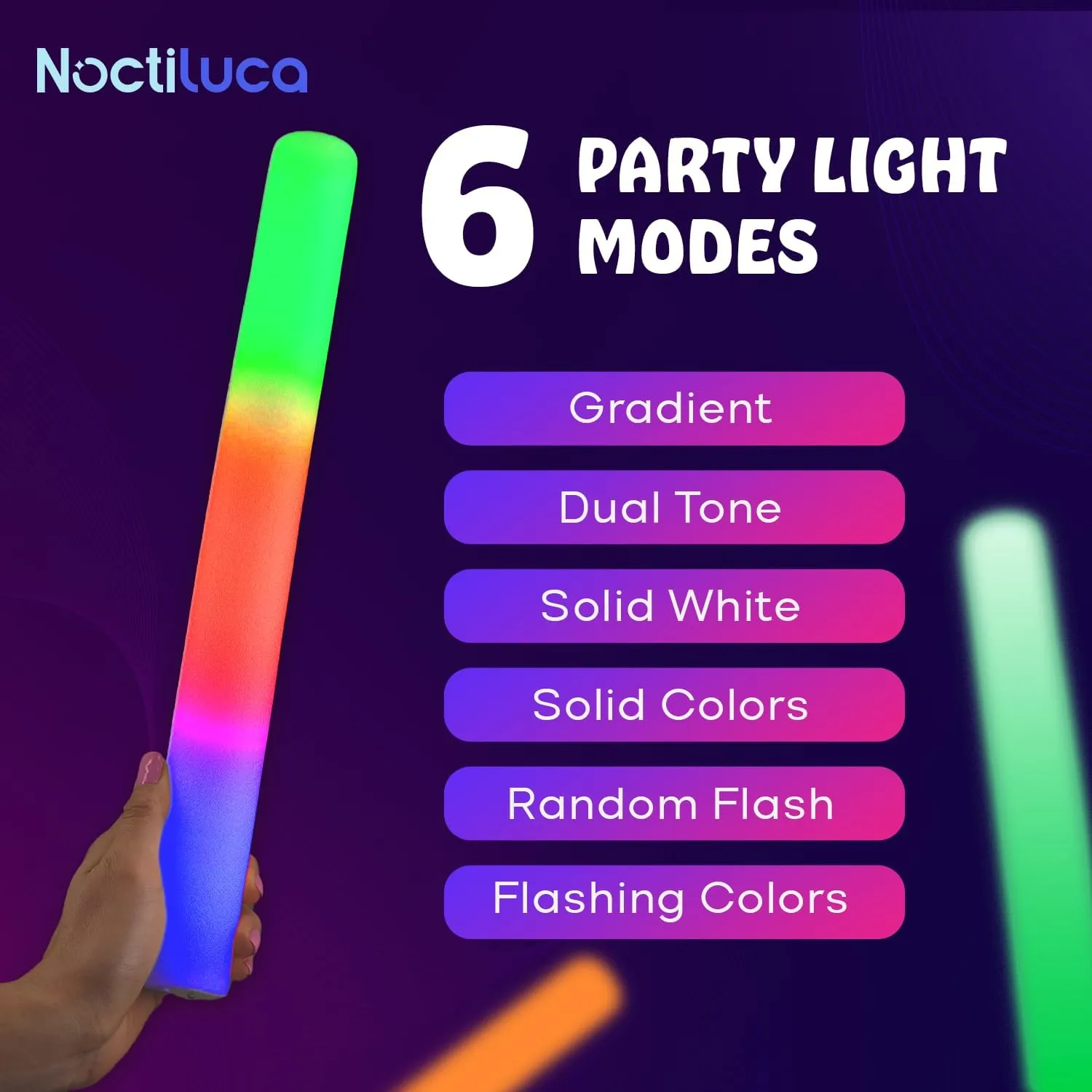Noctiluca Foam Glow Sticks, pack of 24, LED lights 6 modes. Weddings, New Years Eve parties, Christmas, Halloween, Raves, Birthday Parties, July 4th, corporate functions, camping, etc.
