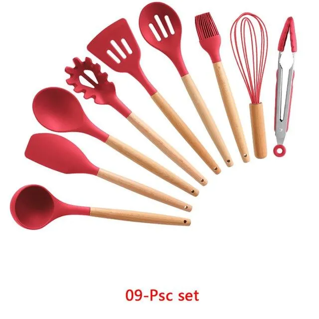 Non-stick Silicone Cooking Utensils Set with Wooden Handle BPA-FREE