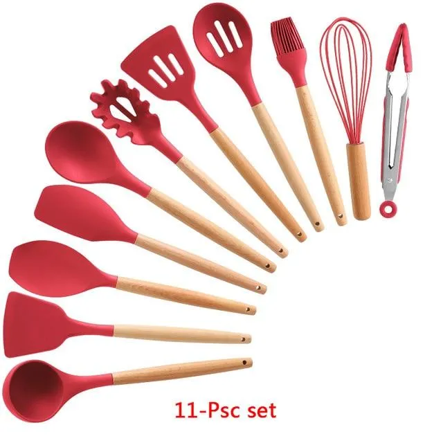 Non-stick Silicone Cooking Utensils Set with Wooden Handle BPA-FREE