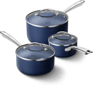 Nonstick Saucepan Set with Lids, 1 2 3QT Pot Set with Ceramic Nonstick Coating, Less Oil and Easy to Clean, Oven Safe, Fast and Even Heating, Gradient Blue