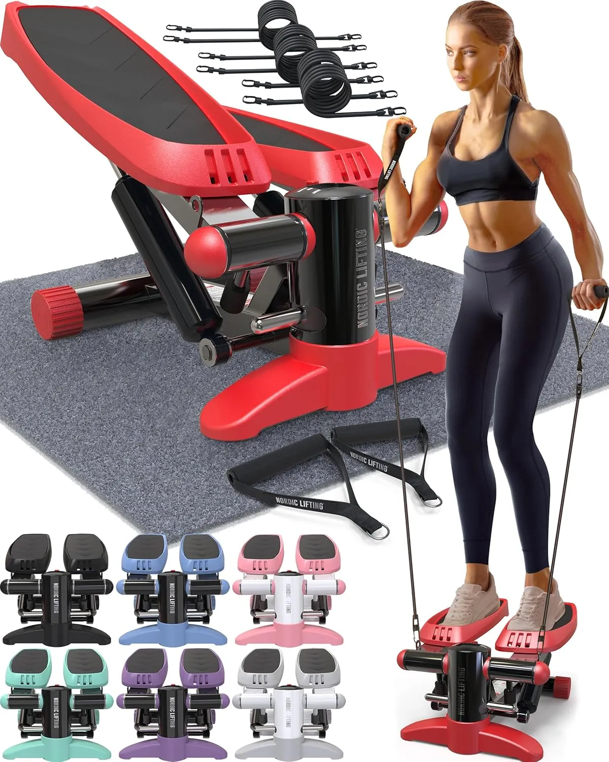 Nordic Lifting Mini Stepper & Stair Climber Machine - w/Resistance Bands Set & Non-Slip Foot Pads - Durable Construction with 330 LBS Weight Capacity - LCD Monitor