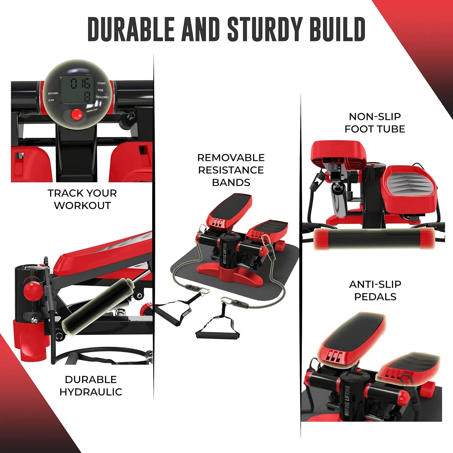 Nordic Lifting Mini Stepper & Stair Climber Machine - w/Resistance Bands Set & Non-Slip Foot Pads - Durable Construction with 330 LBS Weight Capacity - LCD Monitor
