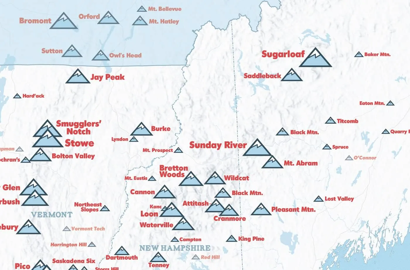 Northeast Ski Resorts 24x36 Map Poster (White & Light Blue)
