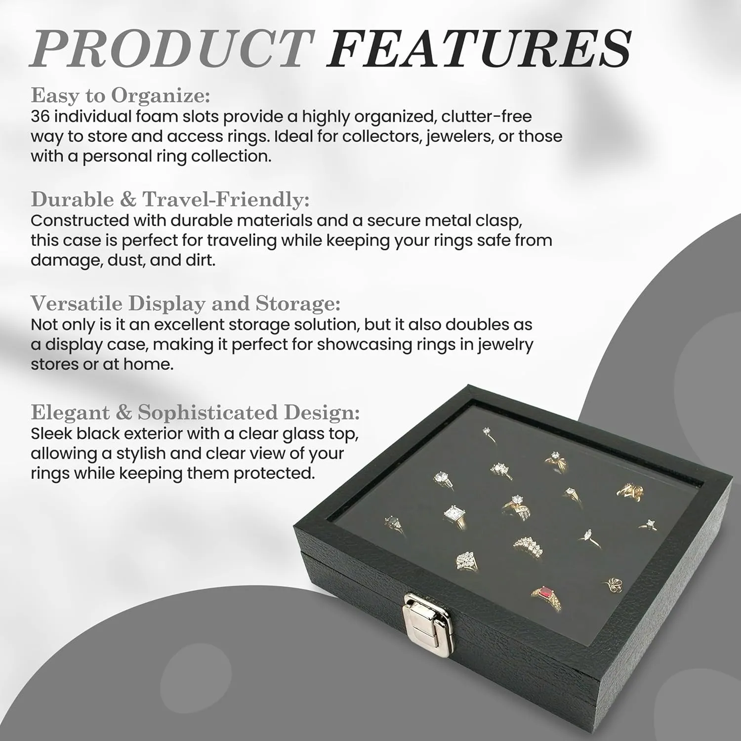 Novel Box Ring Display Glass Case Black 8.25x7.25x2 Inches with 36-Slot Black Ring Foam Insert - Travel Ring Case with Metal Clasp - Jewelry Box to Keep Rings Dust Free & Secure