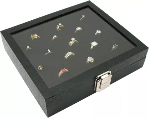 Novel Box Ring Display Glass Case Black 8.25x7.25x2 Inches with 36-Slot Black Ring Foam Insert - Travel Ring Case with Metal Clasp - Jewelry Box to Keep Rings Dust Free & Secure